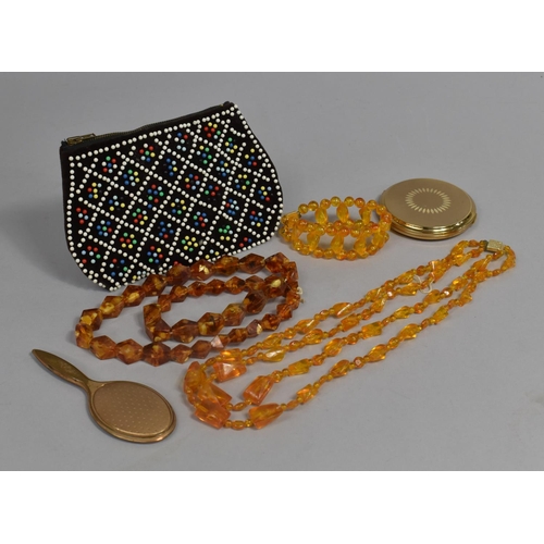 173 - A Ladies Beadwork Evening Bag, Stratton Powder Compact, Handbag Mirror and Possibly Amber Necklace a... 