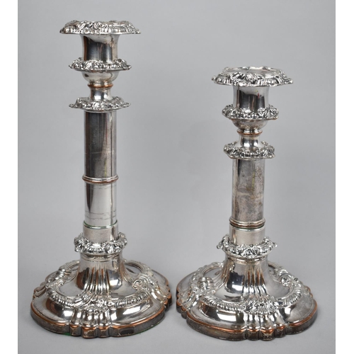 28 - A Pair of Late 19th/Early 20th Century Sheffield Plated Rise and Fall Candle Sticks