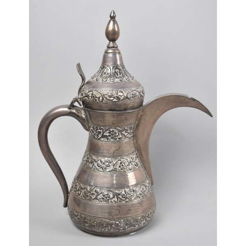 29 - A North African White Metal Coffee Pot with Engraved Banded Decoration to Body, 27.5cms High