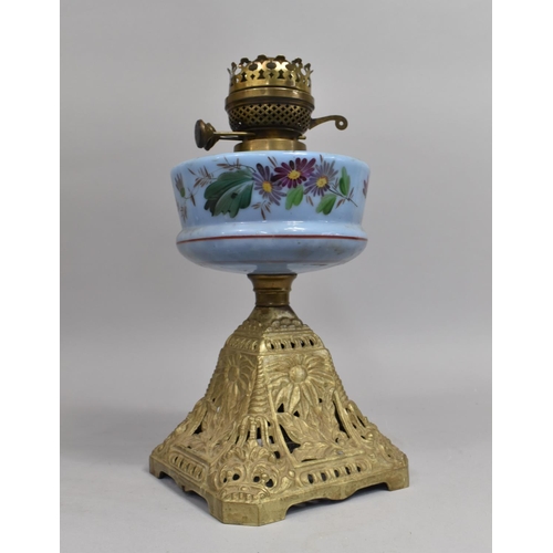 31 - A Late Victorian Cast and Pierced Iron Based Oil Lamp with Opaque Blue Glass Reservoir Decorated wit... 