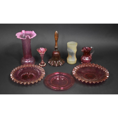 340 - Six Pieces of Victorian Cut Glass Cranberry Glass to comprise Vase with reeded Rim and Elongated Nec... 