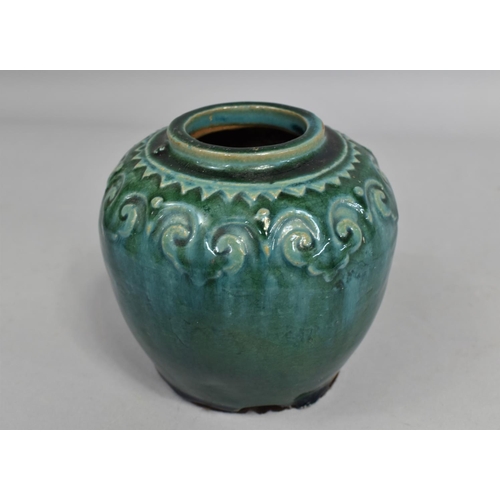 348 - A Chinese Jade Green Glazed Stoneware Jar, Decorated in Shallow Relief with Ruyi Trim, 13cm