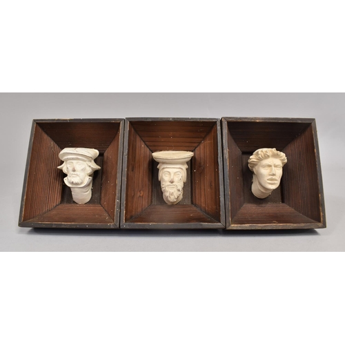 4 - A Set of Three Wooden Framed Polish Studies of Cleric's Masks in Stoneware, The Frame having Paper L... 