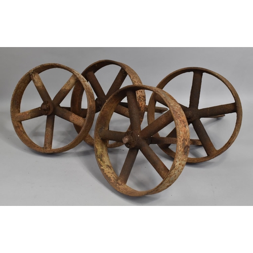 417 - A Collection of Four Vintage Cast Iron Five Spoke Pulley Wheels, 30cm Diameter