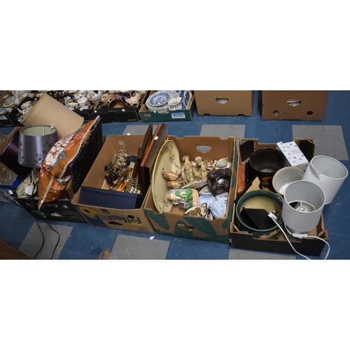 418 - A Collection of Four Boxes to Include Table Lamps, Animal and Figural Ornaments, Tall Ship Models et... 