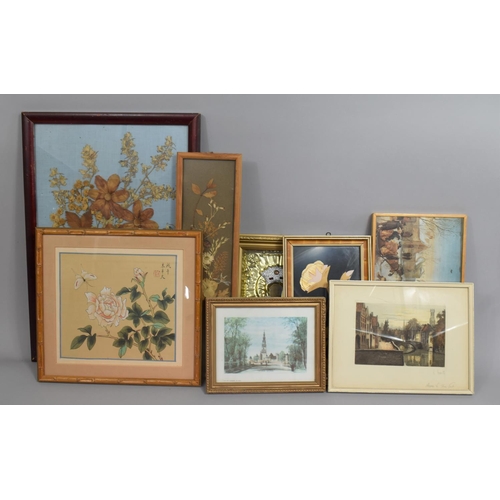 441 - A Collection of Pictures and Prints to Comprise Chinese Silk Bamboo Framed Picture, Dried Flowers et... 