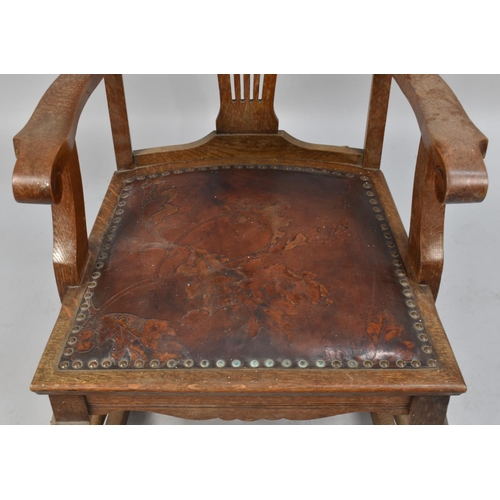 468 - An Edwardian Tooled Leather Upholstered Oak Framed Rocking Chair