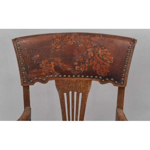 468 - An Edwardian Tooled Leather Upholstered Oak Framed Rocking Chair