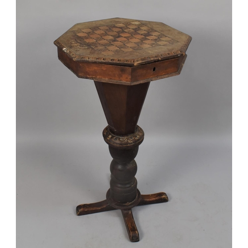 492 - A Late 19th Century Inlaid Octagonal Topped Trumpet Work Table with Chess Board Top, Replacement Bas... 