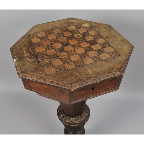 492 - A Late 19th Century Inlaid Octagonal Topped Trumpet Work Table with Chess Board Top, Replacement Bas... 