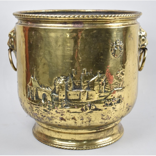 53 - A Large Vintage Brass Coal Bucket with Lion Mask Ring Handles, 29cms Diameter and 29cms High