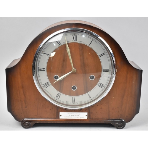 91 - A 1960s Walnut Cased Westminster Chime Mantel Clock, Presented by British Railways in Appreciation o... 