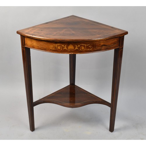 486 - A 19th Century Rosewood Freestanding Demi Lune Corner Side Table with Stretcher Shelf, 62cm wide