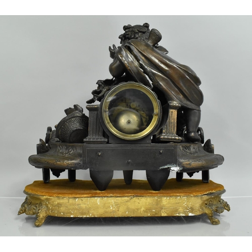 112 - A Large French Bronzed Spelter Figural Mantel Clock in the Form of Cherub Seated and Leaning Over Ba... 