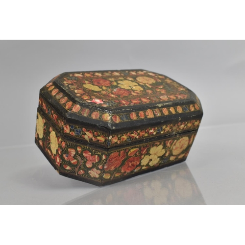 72 - A Kashmiri Box of Rectangular Form with Canted Corners on Black Ground decorated with Polychrome Ena... 