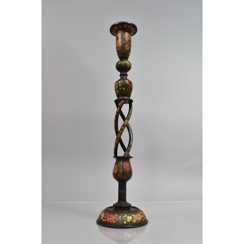 73 - A Kashmiri Candlestand/Table Lamp Base on Cream Ground with Applied Polychrome Floral Decoration, 50... 