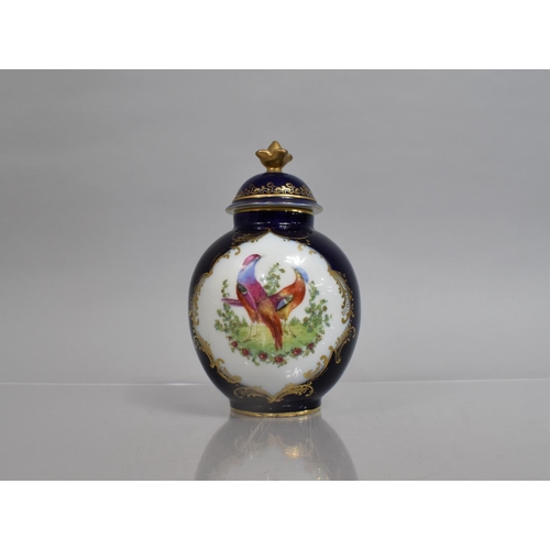 470 - A Continental Porcelain Cobalt Blue Vase Decorated with Exotic Bird Cartouche and Enriched with Gilt... 