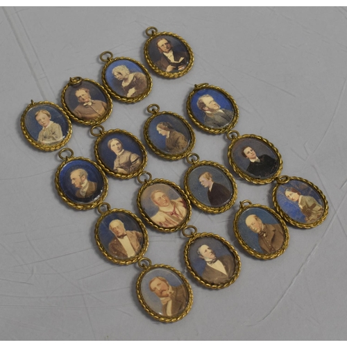 34 - A Set of Fifteen Late Victorian Hand Coloured Portrait Miniatures, Mounted in Gilt Metal Frames, 3cm... 