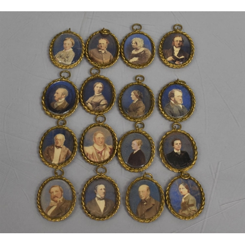 34 - A Set of Fifteen Late Victorian Hand Coloured Portrait Miniatures, Mounted in Gilt Metal Frames, 3cm... 