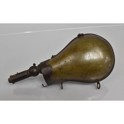 85 - An Early 19th Century Copper and Brass Shot Flask engraved 'Given By A French Sportsman 1817'