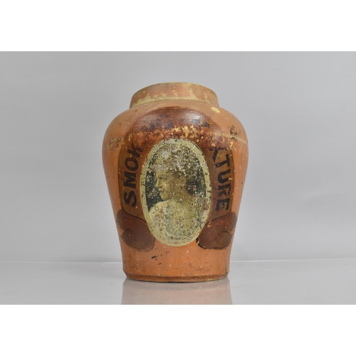 469 - A 19th Tobacconist Jar, Pottery with a Transfer Printed Label for 'Smoking Mixture' 23cms High