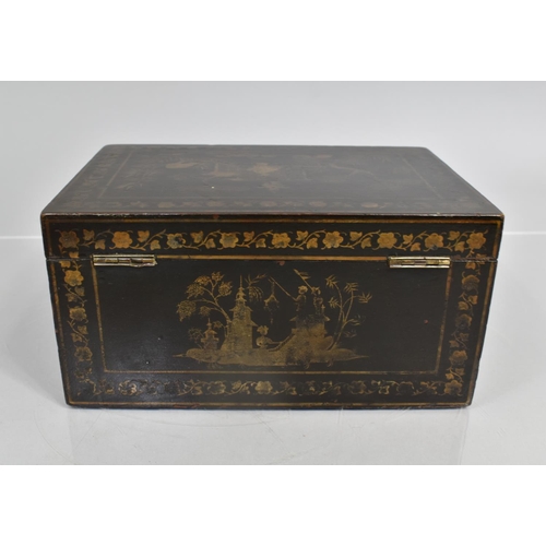 77 - An Early 19th Century George III Chinese Export Lacquer Jewellery Box Decorated with Gilt Scenes on ... 