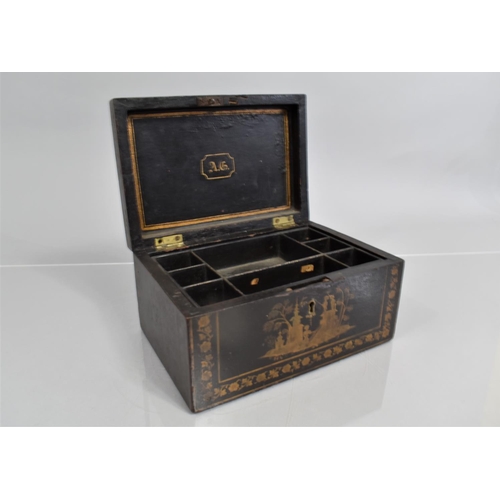 77 - An Early 19th Century George III Chinese Export Lacquer Jewellery Box Decorated with Gilt Scenes on ... 