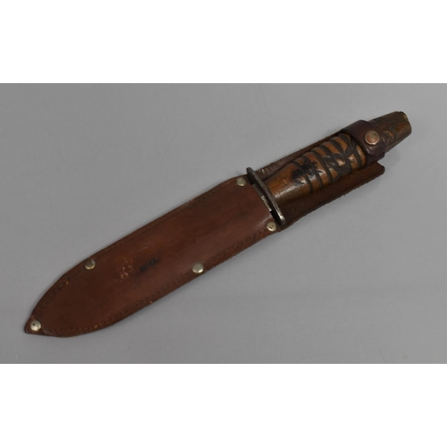 87 - A Vintage Wooden Handled 'Boy Scouts' Hunting Knife with Leather Scabbard, 30cms Long Overall