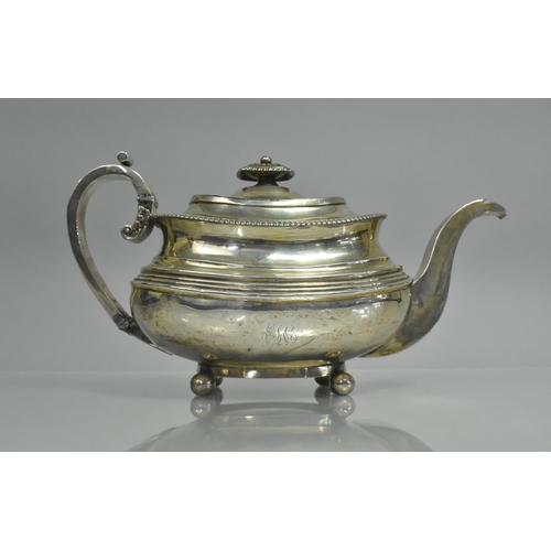 238 - A Georgian Silver Teapot, Newcastle Hallmark, 528gms, Tapering and Reeded Oval Form Set on Four Ball... 