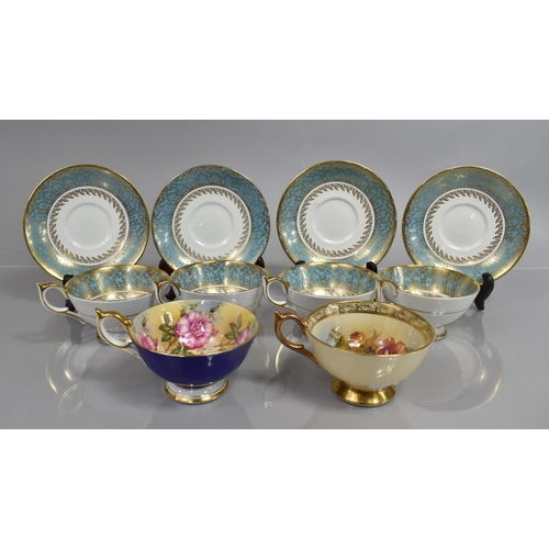 467 - A Set of Four Aynsley Cups and Saucers, Athens 2539 Pattern, Blue and Gilt Decorated Bands with Cent... 