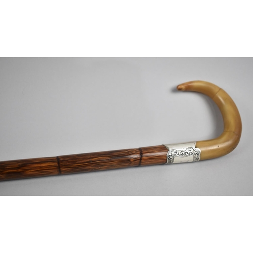 121 - A Vintage Horn Handled Carved Pine Faux Bamboo Walking Stick with Silver Collar