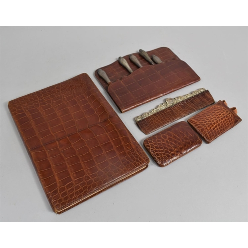 134 - A Collection of Vintage Crocodile skin Items to include Blotter Book with Pen, Needle Case and Pin H... 