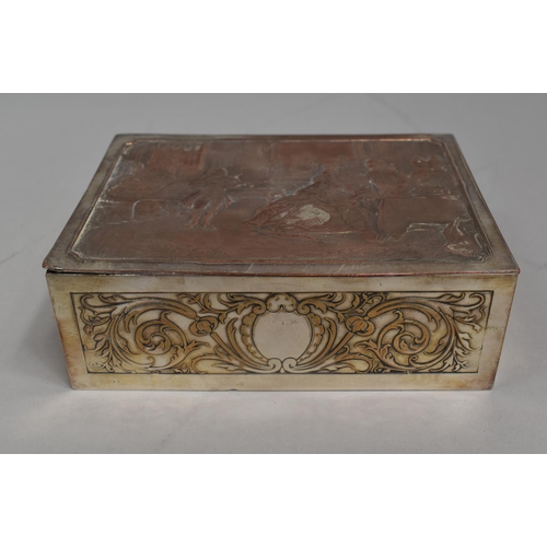 14 - A Silver Plate on Copper Rectangular Box, Hinged Lid with Violinist in Salon, 16cms Wide