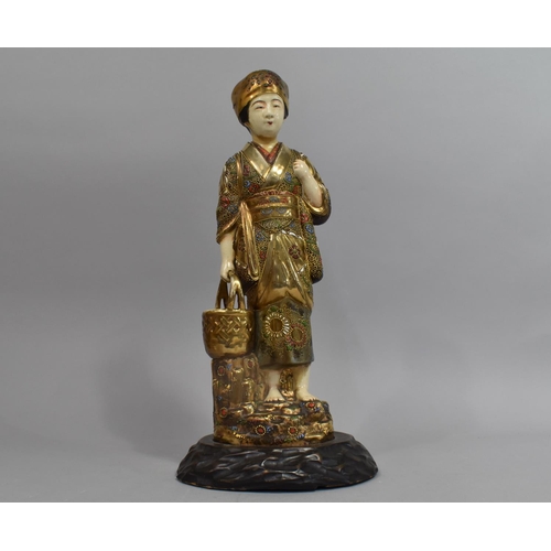 259 - A Early/Mid 20th Century Japanese Satsuma Figure of Lady with Basket, Harved Wood Plinth Base Now Co... 