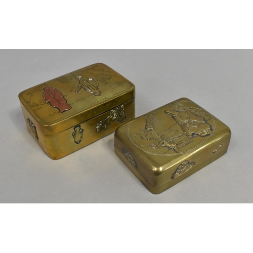 267 - Two Japanese Mixed Metal Boxes Decorated in Relief with Figures and Objects, Largest 9cm x 3.5cm hig... 