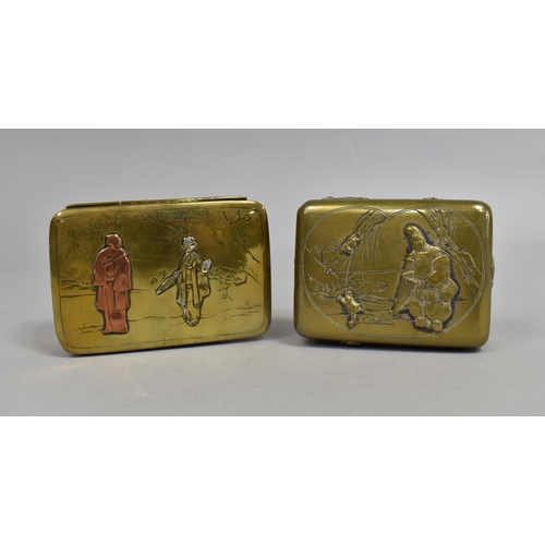 267 - Two Japanese Mixed Metal Boxes Decorated in Relief with Figures and Objects, Largest 9cm x 3.5cm hig... 