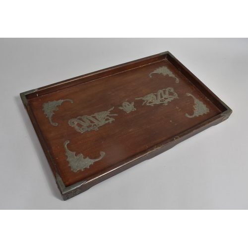 270 - A Wooden and Pewter Mounted Chinese Tray, Dragon and Bat Motif, 50.5cm wide