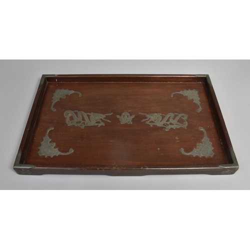 270 - A Wooden and Pewter Mounted Chinese Tray, Dragon and Bat Motif, 50.5cm wide