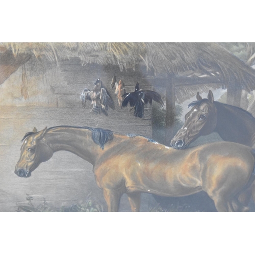 278 - A Framed Print Depicting Three Horses Beside Barn, 69x46cms