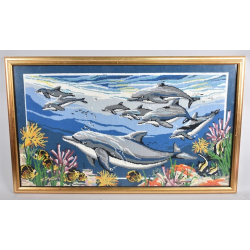 292 - A Gilt Framed Tapestry Depicting School of Dolphins, 71x40cms