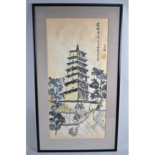 307 - A Framed Oriental Watercolour Depicting Pagoda Scene in Winter, 67x32cms