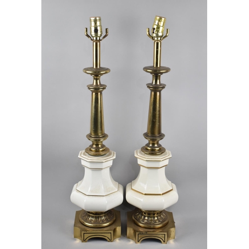 32 - A Pair of Large Brass and White Ceramic French Table Lamps, 69cms High Overall