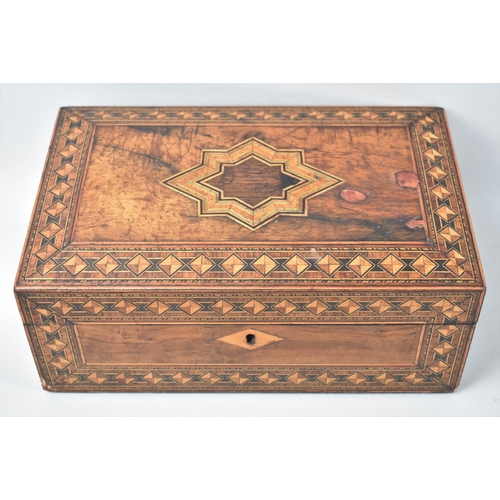 43 - An Edwardian Banded Inlaid Workbox with Hinged Lid, Missing Inner Tray, 28cms Wide