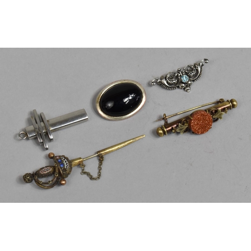 435 - A Collection of Three Continental Brooches, A Silver Italian Crucifix and a Continental Sword Pin