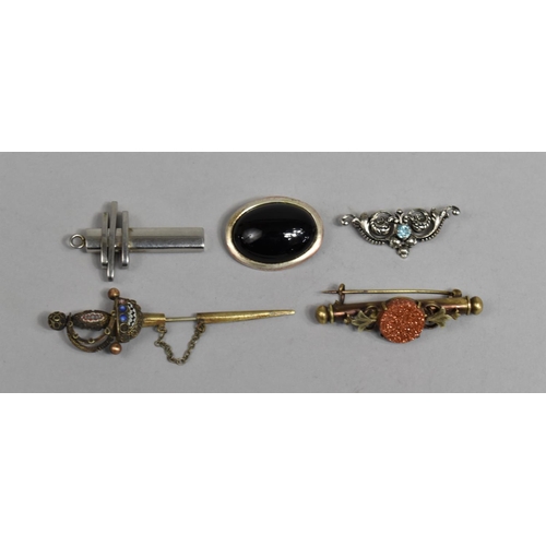 435 - A Collection of Three Continental Brooches, A Silver Italian Crucifix and a Continental Sword Pin