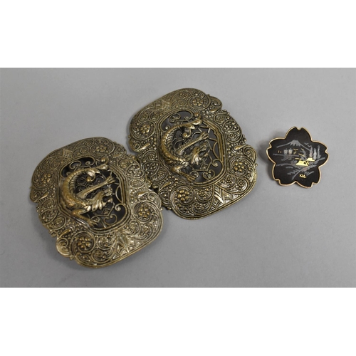 437 - An Oriental Belt Buckle with Pierced Dragon Decoration together with an Oriental Mixed Metal Leaf Br... 