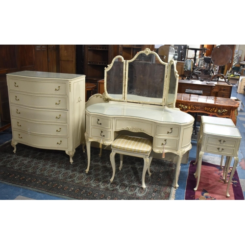 530 - A Mid 20th Century Cream and Gilt Bedroom Suite Comprising Serpentine Front Five Drawer Chest, Dress... 