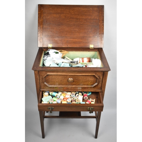 54 - An Edwardian Oak Sewing Box on Stand with Hinged Lid and Base Drawer Under, 57cms Wide