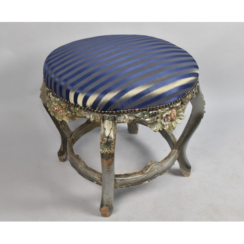 548 - A Large Circular Blue Upholstered French Style Stool with Cabriole Supports, 65cms Wide