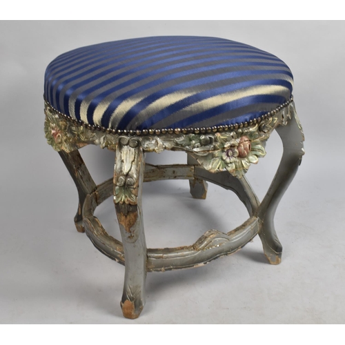 548 - A Large Circular Blue Upholstered French Style Stool with Cabriole Supports, 65cms Wide